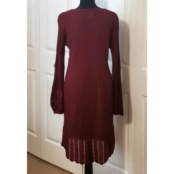 Venus Womens Burgandy Sweater Dress Cable Knit Long Balloon Sleeve Midi USA Sz L - Picture 3 of 6